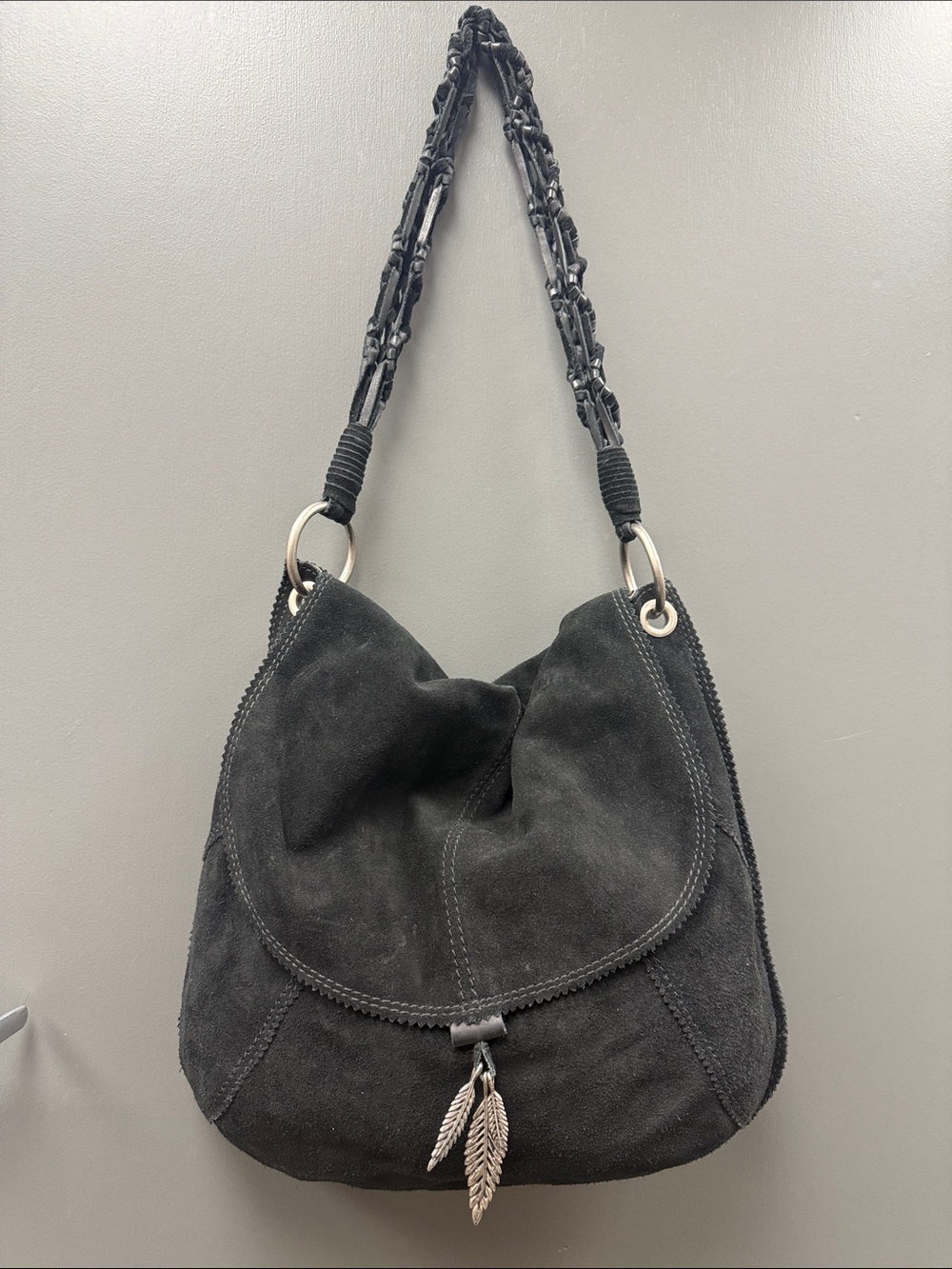 Vintage Lucky Brand Black Suede Hobo with Braided Strap and Leaf Charms- EU